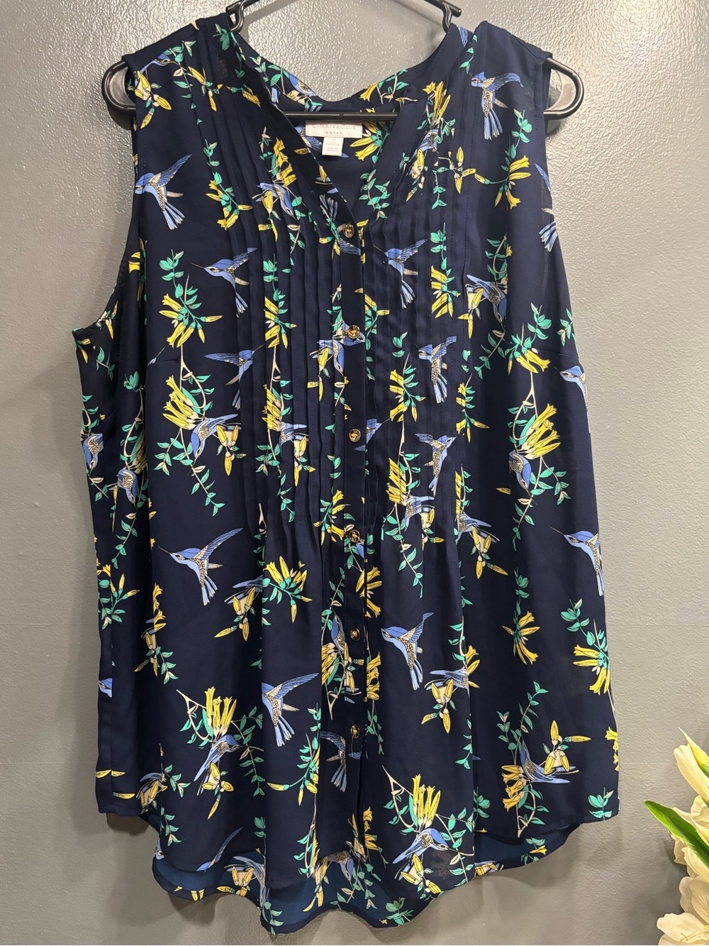 Charter Club Navy Sleeveless Camisole Yellow Floral & Blue Bird Print Summer